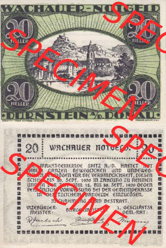 Notgeldscheine Niederösterreich Dürnstein Wachauer Notgeld 1920, 20 Heller. Vorderseite und Rückseite des Notgeldscheins auf einen Digitalen Bild zu katalogisieren der eigenen... Sammlung
