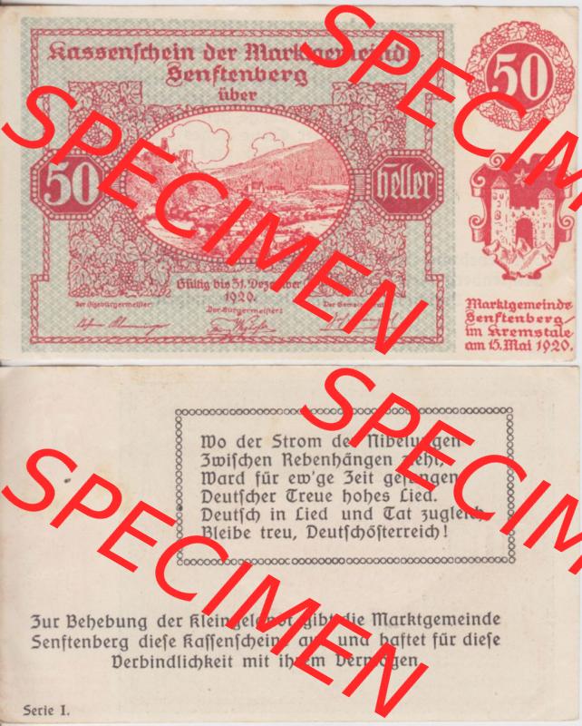 Notgeldscheine Niederösterreich Senftenberg Kassenschein 1920, Serie I. 10 Heller (3) Sammlung