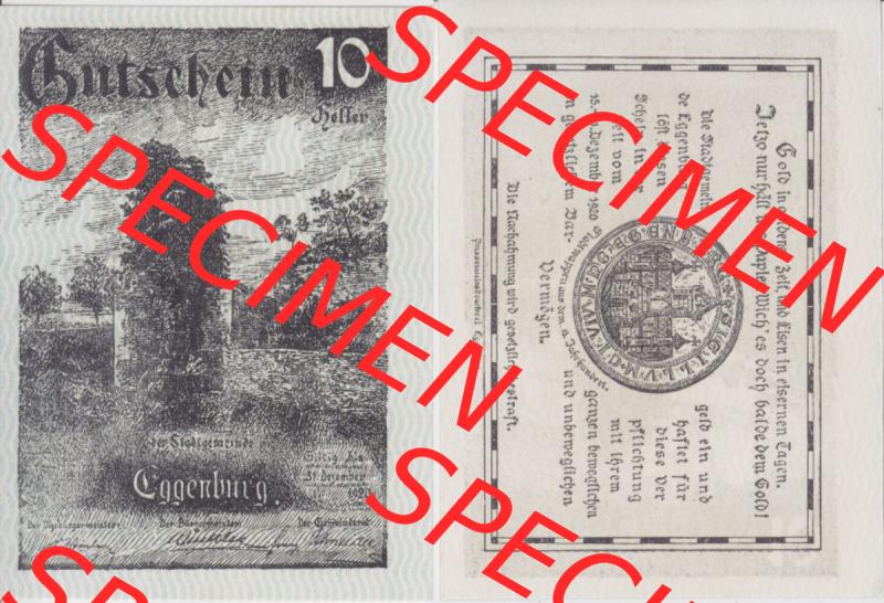 Notgeldscheine Niederösterreich Eggenburg 1920, 10 Heller. Vorderseite und Rückseite des Notgeldscheins auf einen Digitalen Bild zu katalogisieren der eigenen Notgeld-Sammlung im... Sammlung