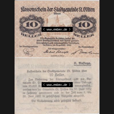 Notgeldscheine Niederösterreich Sankt Pölten 10 Heller. Vorderseite und Rückseite des Notgeldscheins auf einen Digitalen Bild zu katalogisieren der eigenen Notgeld-Sammlung im online... Sammlung