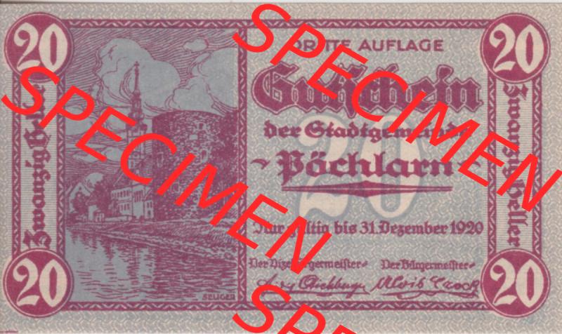 Notgeldscheine Niederösterreich Pöchlarn 1920, 20 Heller. Vorderseite des Notgeldscheins im online Katalog auf EMBMV zum katalogisieren der eigenen Sammlung für private Sammler... Sammlung