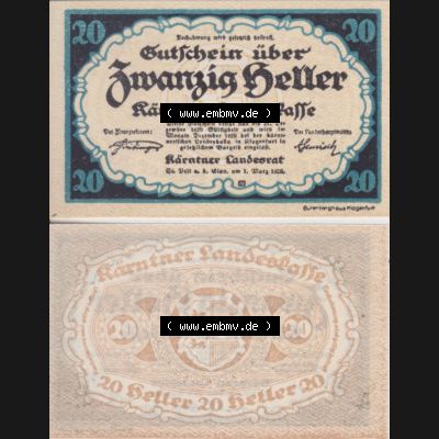 Notgeldscheine Kärnten Kärntner Landeskasse 1920, 20 Heller. Vorderseite und Rückseite des Notgeldscheins auf einen Digitalen Bild zu katalogisieren der eigenen Notgeld-Sammlung... Sammlung