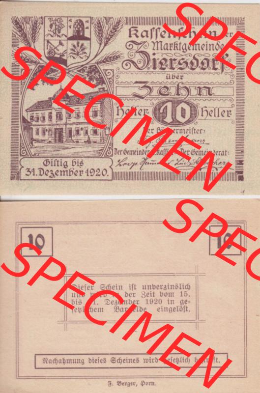 Notgeldscheine Niederösterreich Ziersdorf 1920, 10 Heller. Vorderseite und Rückseite des Notgeldscheins auf einen Digitalen Bild zu katalogisieren der eigenen Notgeld-Sammlung im... Sammlung