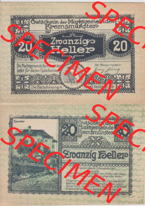 Notgeldscheine Oberösterreich Kremsmünster 1920, 20 Heller. Vorderseite und Rückseite auf einen Digitalen Bild des oberösterreichischen Notgeldscheins im online Katalog... Sammlung