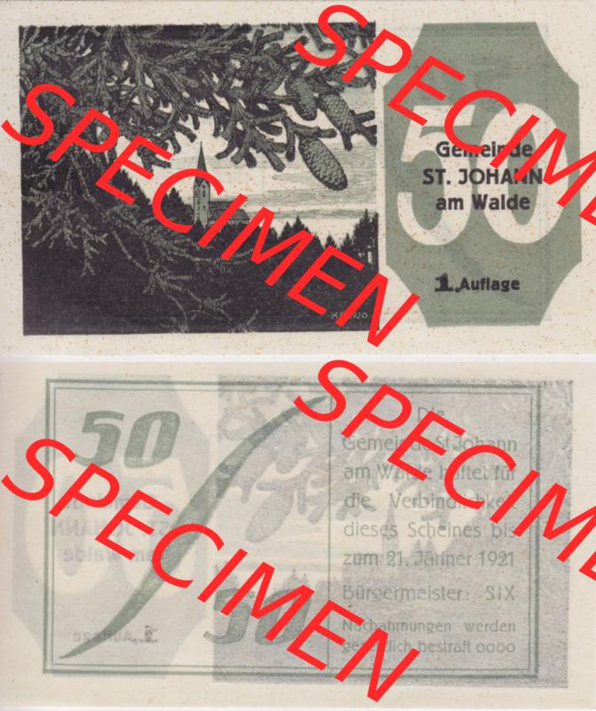 Notgeldscheine Oberösterreich St. Johann am Walde 1921, 50 Heller (3). Notgeld Oberösterreich St. Johann am Walde, Notgeldscheine aus Oberösterreich... Sammlung