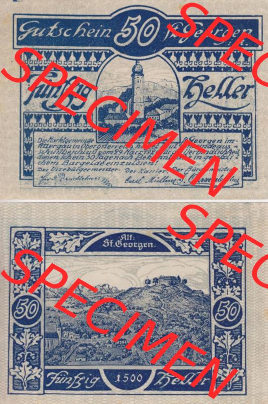 Notgeldscheine Oberösterreich St. Georgen 1920, 50 Heller I. (3). Notgeld Oberösterreich St. Georgen, Notgeldscheine aus Oberösterreich... Sammlung