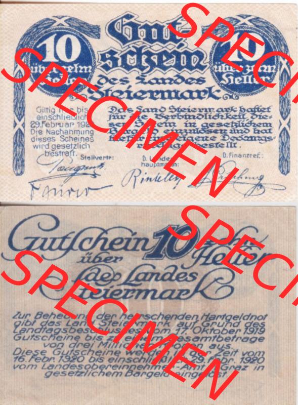 Notgeldscheine Steiermark-Bundesland 1920, 10 Heller (3). Notgeld Steiermark-Land / übergreifendes Bundesland Steiermark, Notgeldscheine aus Steiermark im online Katalog... Sammlung