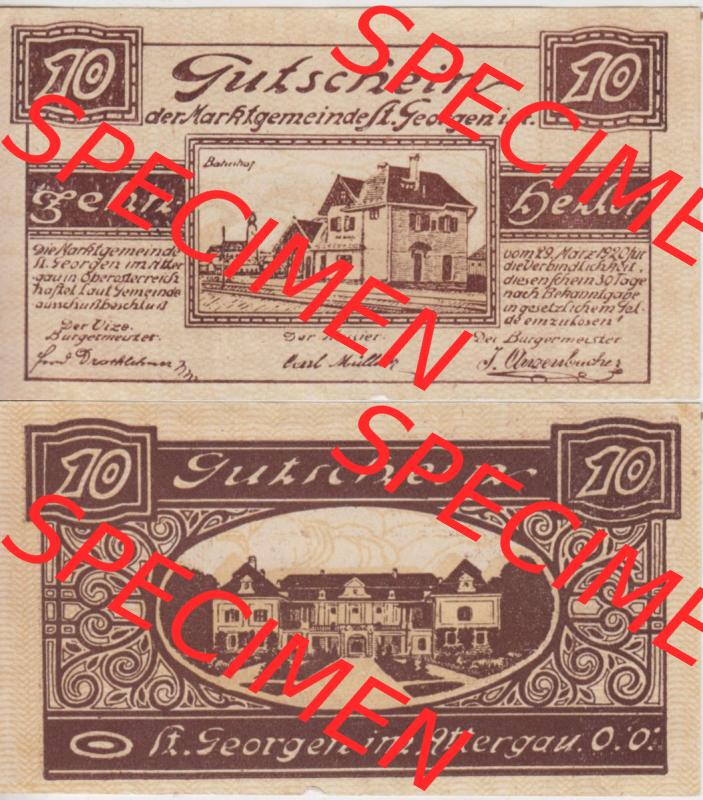 Notgeldscheine Oberösterreich St. Georgen 1920, 10 Heller I. (3). Notgeld Oberösterreich St. Georgen, Notgeldscheine aus Oberösterreich... Sammlung