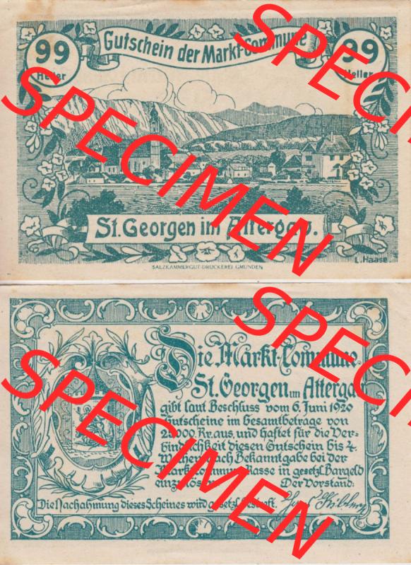 Notgeldscheine Oberösterreich St. Georgen 1920, 99 Heller I. (3). Notgeld Oberösterreich St. Georgen, Notgeldscheine aus Oberösterreich... Sammlung