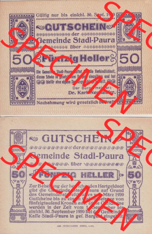 Notgeldscheine Oberösterreich Stadl-Paura 1920, I 50 Heller (3). Notgeld Oberösterreich Stadl-Paura, Notgeldscheine aus Oberösterreich im online Katalog für... Sammlung
