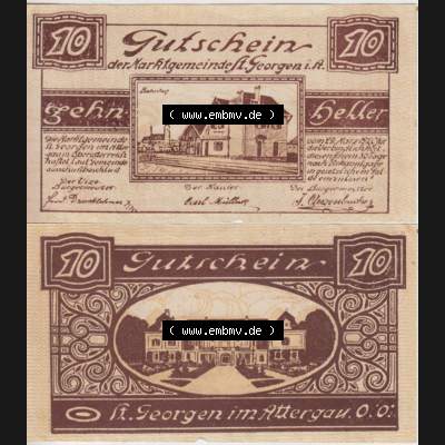 Notgeldscheine Oberösterreich St. Georgen 1920, 10 Heller I. (3). Notgeld Oberösterreich St. Georgen, Notgeldscheine aus Oberösterreich... Sammlung