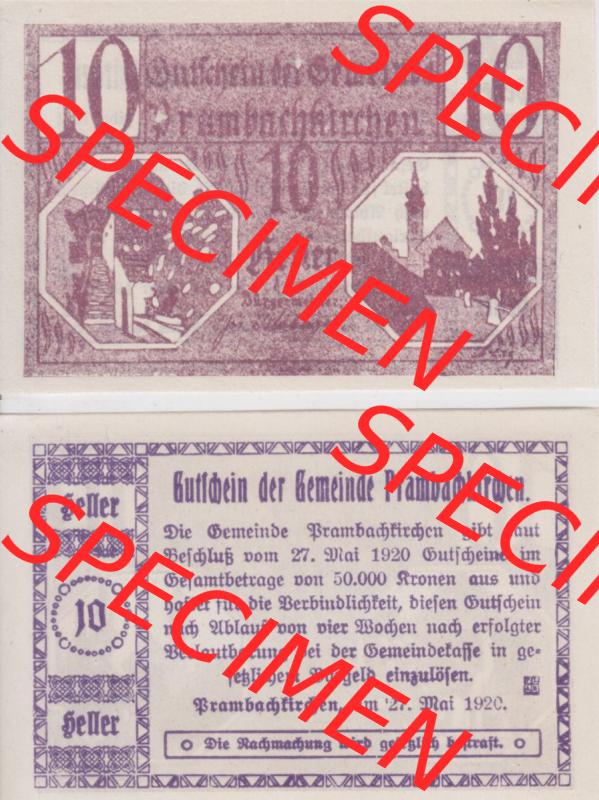 Notgeldscheine Oberösterreich Prambachkirchen 1920, 10 Heller (3). Notgeld Oberösterreich Prambachkirchen, Notgeldscheine aus Oberösterreich im online Katalog... Sammlung