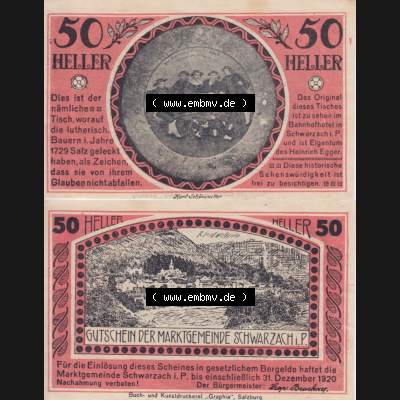 Notgeldscheine Salzburg Schwarzach im Pongau Gutschein 1920, 50 Heller (3). Notgeld Salzburg Marktgemeinde Schwarzach im Pongau, Notgeldscheine aus Salzburg im online Katalog... Sammlung