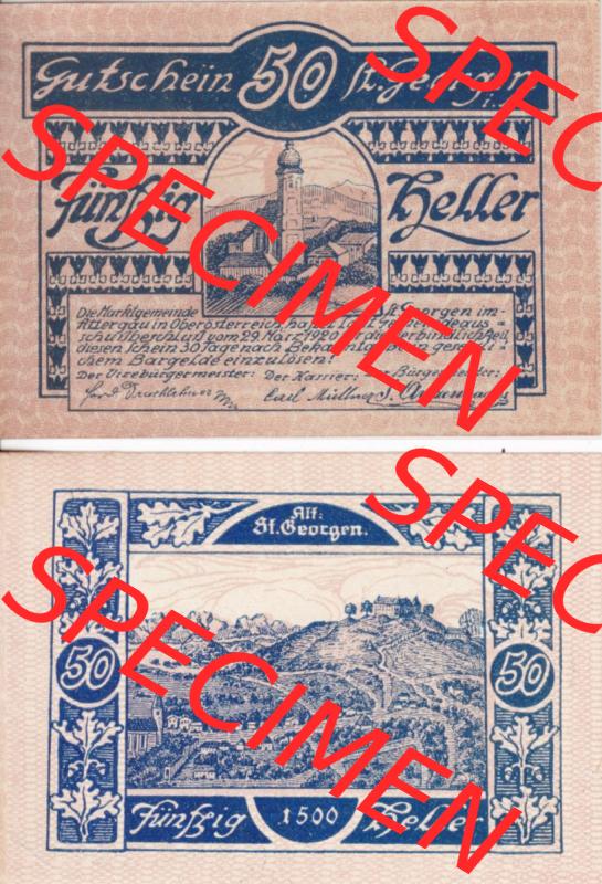 Notgeldscheine Oberösterreich St. Georgen 1920, 50 Heller III. (3). Notgeld Oberösterreich St. Georgen, Notgeldscheine aus Oberösterreich... Sammlung