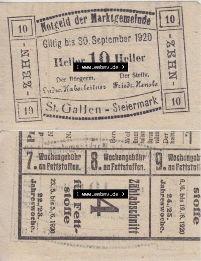 Notgeldscheine Steiermark St. Gallen, Marktgemeinde 1920, 10 Heller (3). Notgeldscheine Marktgemeinde Steiermark St. Gallen, Notgeldscheine... Sammlung