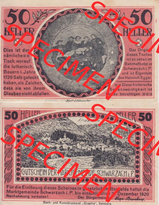 Notgeldscheine Salzburg Schwarzach im Pongau Gutschein 1920, 50 Heller (3). Notgeld Salzburg Marktgemeinde Schwarzach im Pongau, Notgeldscheine aus Salzburg im online Katalog... Sammlung