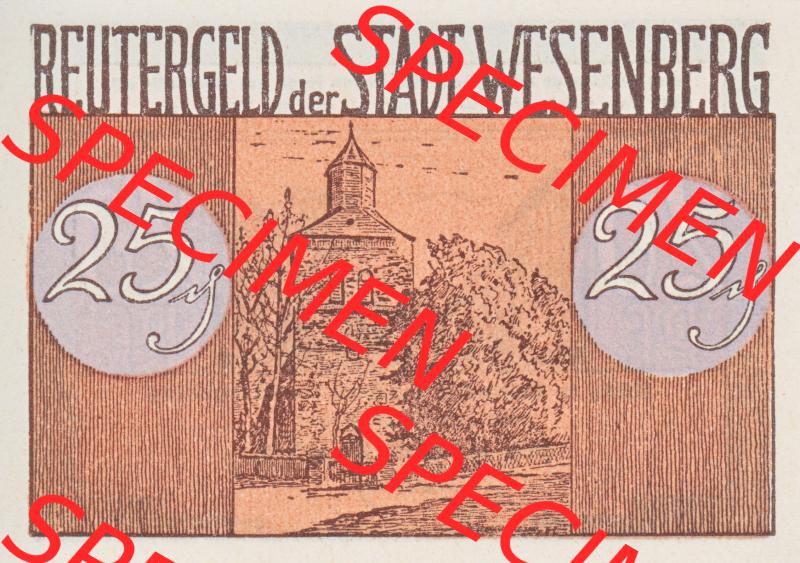 Deutsches Reich Reutergeld Wesenberg 25 Pfennig, das Digitale Bild mit der Vorderseite vom hier gezeigten Reutergeld-Notgeld aus Wesenberg steht im online Katalog zum katalogisieren und kategorisieren... Sammlung