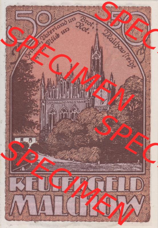 Deutsches Reich Reutergeld Malchow 50 Pfennig, das Digitale Bild mit der Vorderseite vom hier gezeigten Reutergeld-Notgeld aus Stadt Malchow steht im online Katalog zum katalogisieren und kategorisieren... Sammlung