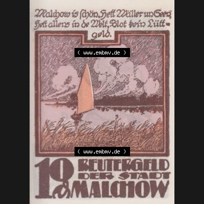 Deutsches Reich Reutergeld Malchow 10 Pfennig, das Digitale Bild mit der Vorderseite vom hier gezeigten Reutergeld-Notgeld aus Stadt Malchow steht im online Katalog zum katalogisieren und kategorisieren... Sammlung