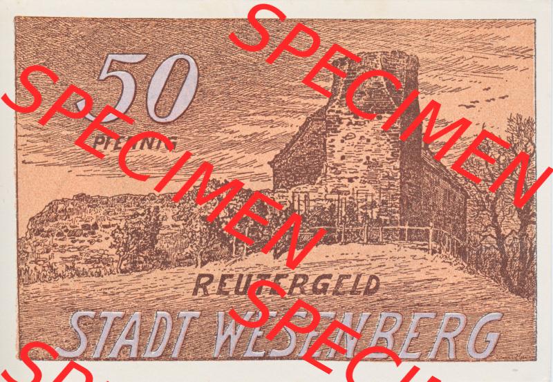 Deutsches Reich Reutergeld Wesenberg 50 Pfennig, das Digitale Bild mit der Vorderseite vom hier gezeigten Reutergeld-Notgeld aus Wesenberg steht im online Katalog zum katalogisieren und kategorisieren... Sammlung