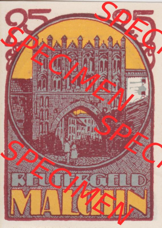 Deutsches Reich Reutergeld Malchin 25 Pfennig, das Digitale Bild mit der Vorderseite vom hier gezeigten Reutergeld-Notgeld aus Stadt Malchin steht im online Katalog zum katalogisieren und kategorisieren... Sammlung