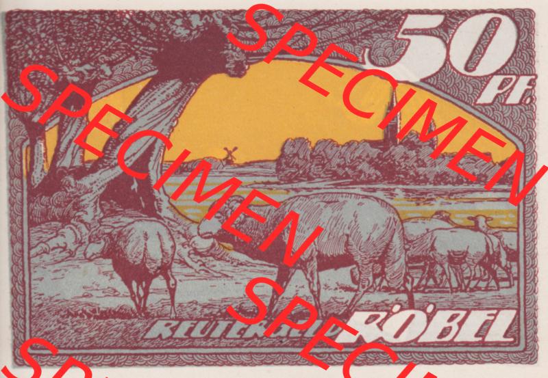 Deutsches Reich Reutergeld Röbel 50 Pfennig, das Digitale Bild mit der Vorderseite vom hier gezeigten Reutergeld-Notgeld aus Röbel steht im online Katalog zum katalogisieren und kategorisieren... Sammlung