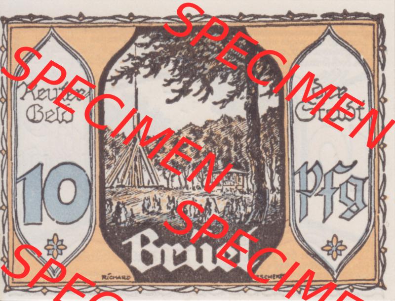Deutsches Reich Reutergeld Brüel 10 Pfennig, das Digitale Bild mit der Vorderseite vom hier gezeigten Reutergeld-Notgeld steht im online Katalog zum katalogisieren und kategorisieren der eigenen... Sammlung