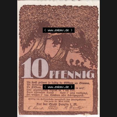 Deutsches Reich Reutergeld Penzlin 10 Pfennig, das Digitale Bild mit der Vorderseite vom hier gezeigten Reutergeld-Notgeld aus Penzlin steht im online Katalog zum katalogisieren und kategorisieren... Sammlung