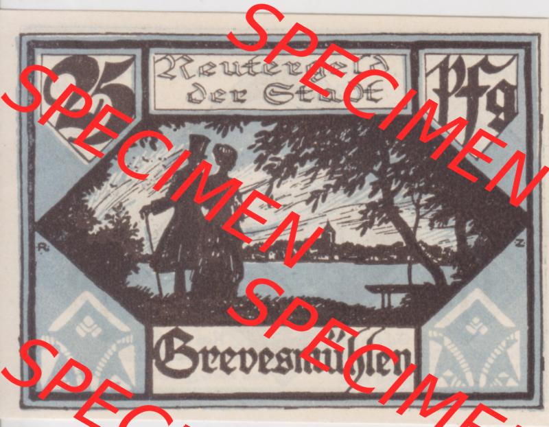Deutsches Reich Reutergeld Grevesmühlen 25 Pfennig, das Digitale Bild mit der Vorderseite vom hier gezeigten Reutergeld-Notgeld aus Grevesmühlen steht im online Katalog zum katalogisieren... Sammlung