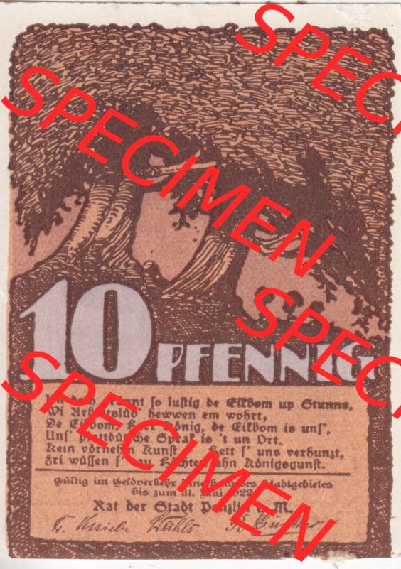 Deutsches Reich Reutergeld Penzlin 10 Pfennig, das Digitale Bild mit der Vorderseite vom hier gezeigten Reutergeld-Notgeld aus Penzlin steht im online Katalog zum katalogisieren und kategorisieren... Sammlung