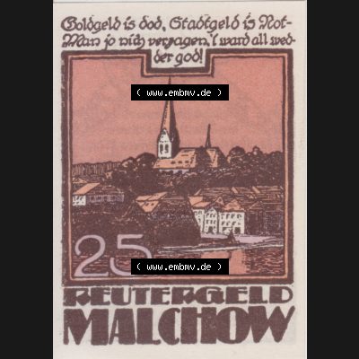 Deutsches Reich Reutergeld Malchow 25 Pfennig, das Digitale Bild mit der Vorderseite vom hier gezeigten Reutergeld-Notgeld aus Stadt Malchow steht im online Katalog zum katalogisieren und kategorisieren... Sammlung