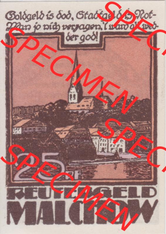 Deutsches Reich Reutergeld Malchow 25 Pfennig, das Digitale Bild mit der Vorderseite vom hier gezeigten Reutergeld-Notgeld aus Stadt Malchow steht im online Katalog zum katalogisieren und kategorisieren... Sammlung