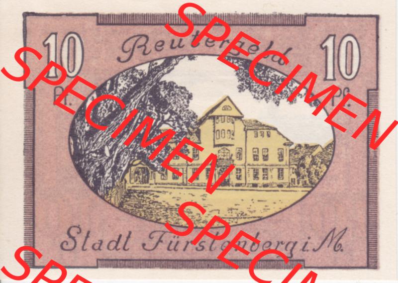 Deutsches Reich Reutergeld Fürstenberg 10 Pfennig, das Digitale Bild mit der Vorderseite vom hier gezeigten Reutergeld-Notgeld aus Fürstenberg steht im online Katalog zum katalogisieren... Sammlung