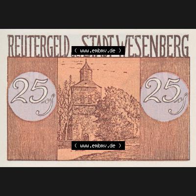 Deutsches Reich Reutergeld Wesenberg 25 Pfennig, das Digitale Bild mit der Vorderseite vom hier gezeigten Reutergeld-Notgeld aus Wesenberg steht im online Katalog zum katalogisieren und kategorisieren... Sammlung