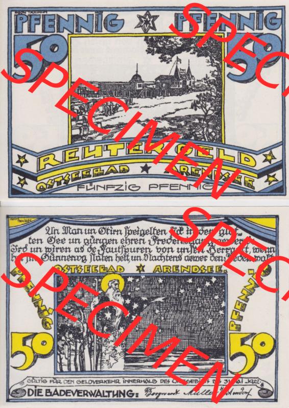 Deutsches Reich Reutergeld Arendsee 50 Pfennig, das Digitale Bild mit der Vorderseite und Rückseite (VS+RS) auf einen digitalen Bild vom hier gezeigten Reutergeld-Notgeldschein... Sammlung
