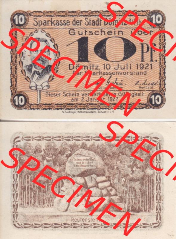 Deutsches Reich Reutergeld Dömitz Fritz Reuter 10 Pfennig, das Digitale Bild vom Notgeld aus Dömitz mit der Vorderseite und Rückseite (VS+RS) auf einen digitalen Bild... Sammlung