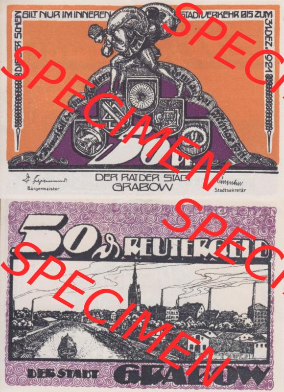 Deutsches Reich Reutergeld Grabow 50 Pfennig, das Digitale Bild vom Notgeld aus Grabow mit der Vorderseite und Rückseite (VS+RS) auf einen digitalen Bild vom hier gezeigten Reutergeld-Notgeldschein... Sammlung