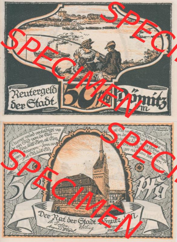 Deutsches Reich Reutergeld Dömitz 50 Pfennig, das Digitale Bild vom Notgeld aus Dömitz mit der Vorderseite und Rückseite (VS+RS) auf einen digitalen Bild vom hier gezeigten... Sammlung