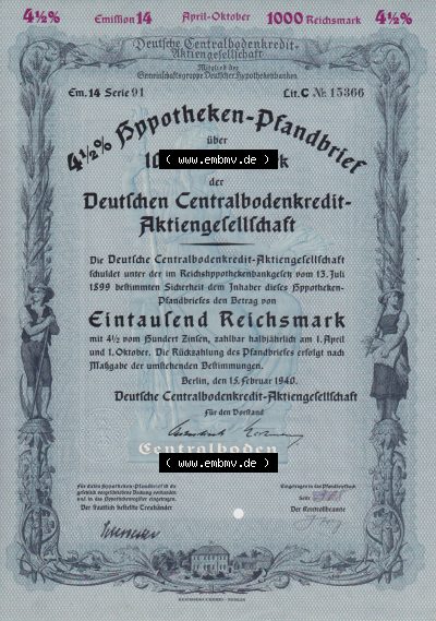 Historische Wertpapiere 1940, 1000 Reichsmark Deutschen Centralbodenkredit-Aktiengesellschaft 1000 RM Hypotheken-Pfandbrief Eintausend... Sammlung