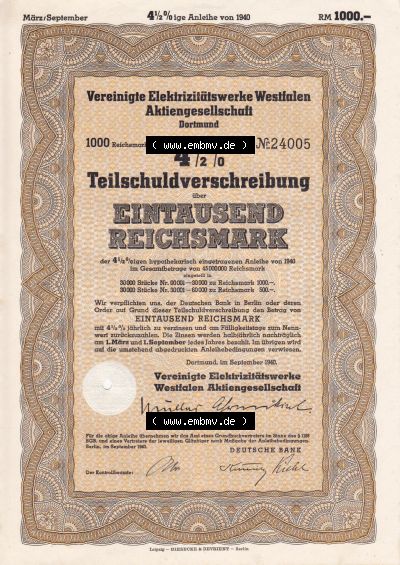 Historische Wertpapiere 1940, Vereinigte Elektrizitätswerke Westfalen, Aktiengesellschaft, Teilschuldverschreibung über Eintausend... Sammlung