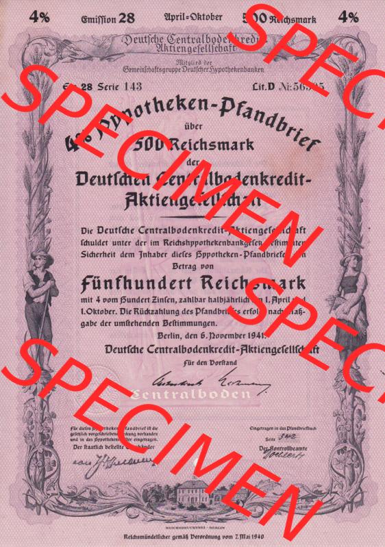 Historische Wertpapiere 1941, Hypotheken-Pfandbrief über 100 Reichsmark Deutschen Centralbodenkredit-Aktiengesellschaft, 4 Prozent über Fünfhundert Reichsmark (1) Sammlung