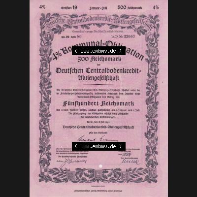 Historische Wertpapiere 1941, 500 RM Kommunal-Obligation über 500 Reichsmark Deutschen Centralbodenkredit-Aktiengesellschaft Fünfhundert Reichsmark (1) Sammlung