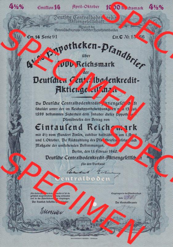Historische Wertpapiere 1940, 1000 Reichsmark Deutschen Centralbodenkredit-Aktiengesellschaft 1000 RM Hypotheken-Pfandbrief Eintausend Reichsmark (1) Sammlung
