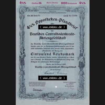 Historische Wertpapiere 1940, 1000 Reichsmark Deutschen Centralbodenkredit-Aktiengesellschaft 1000 RM Hypotheken-Pfandbrief Eintausend Reichsmark (1) Sammlung