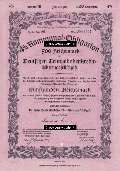 Historische Wertpapiere 1941, 500 RM Kommunal-Obligation über 500 Reichsmark Deutschen Centralbodenkredit-Aktiengesellschaft... Sammlung
