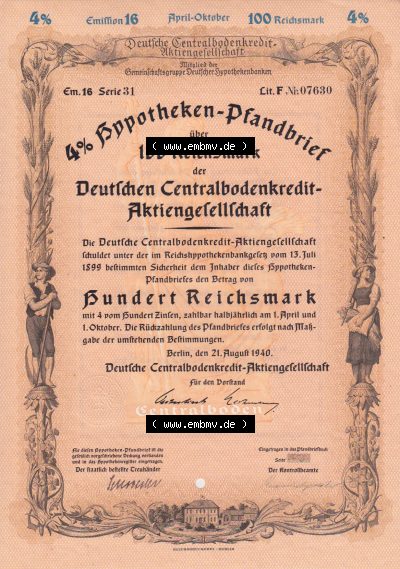 Historische Wertpapiere 1940, 4 Prozent Hypotheken-Pfandbrief über 100 Reichsmark Deutschen Centralbodenkredit-Aktiengesellschaft... Sammlung
