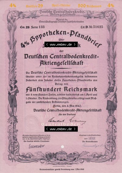 Historische Wertpapiere 1942, 500 RM Hypotheken-Pfandbrief über 100 Reichsmark Deutschen Centralbodenkredit-Aktiengesellschaft... Sammlung