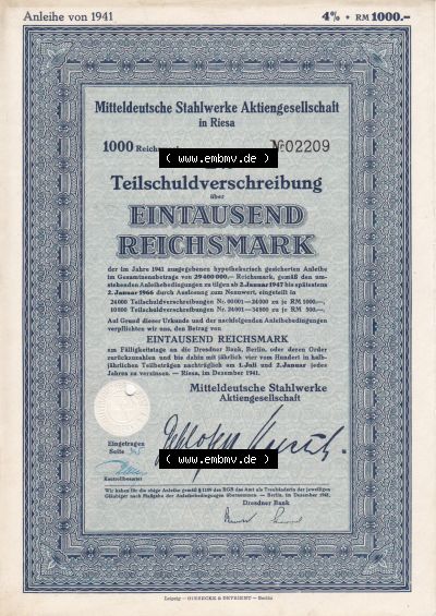 Historische Wertpapiere 1941, 4 Prozent Teilschuldverschreibung, Mitteldeutsche Stahlwerke Aktiengesellschaft in Riesa, über... Sammlung