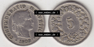 Münzen Schweiz Eurovorläufer, Umlaufmünze 1879-1917, 5 Rappen B 1909 (3) Sammlung