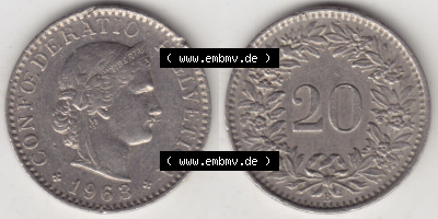Münzen Schweiz Eurovorläufer, Umlaufmünze 1939-2018, 20 Rappen B 1963 I. (3) Sammlung